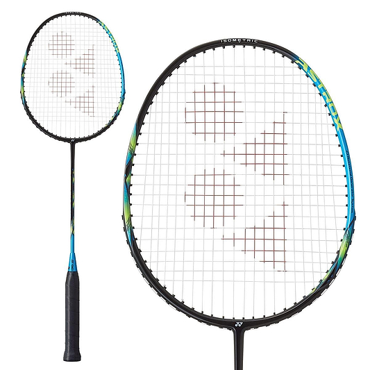 Two views of the Yonex Astrox E13 Badminton Racket - Black / Blue: one displays the complete side profile, while the other focuses on a close-up of its circular head. This racket from Yonex boasts a head-heavy balance, featuring a black handle, a blue and green shaft, and a black frame with string pattern.
