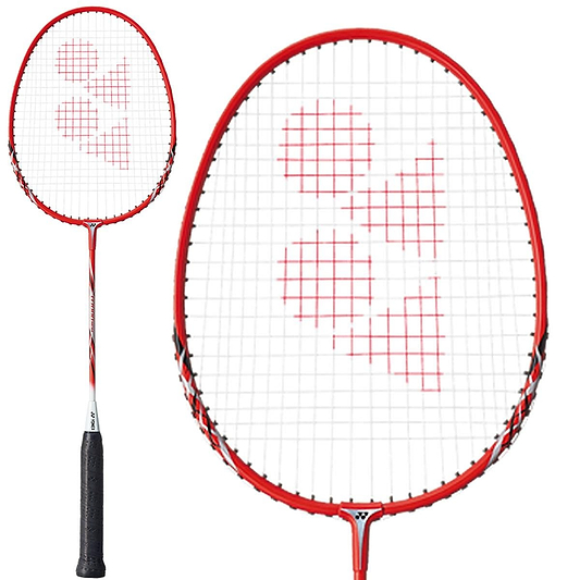The Yonex B7000 MDM Badminton Racket in red, featuring a black handle, highlights a distinctive logo on its Mega-Frame strings.