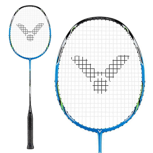 Close-up of the Victor Thruster Light Fighter 30 F Badminton Racket in blue, highlighting its unique logo on the strings. Demonstrated from side and front perspectives, it emphasizes its high modulus graphite build for a lightweight yet powerful design.