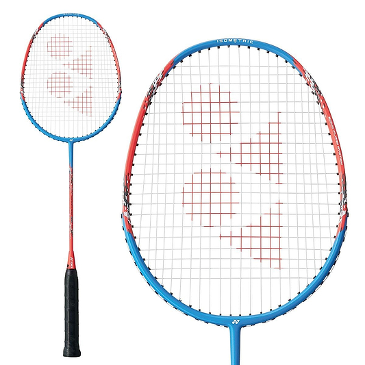 A Yonex Nanoflare E13 badminton racket in blue and red, featuring a black grip. The strings display a logo pattern, and its isometric head shape boosts your gameplay. The Yonex brand name is partially visible on the shaft.