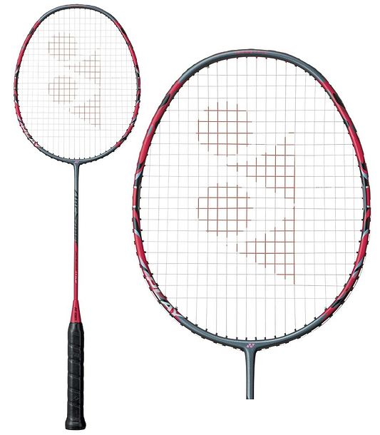 A Yonex Arcsaber 11 Play badminton racket with a greyish pearl finish and a circular string pattern. Its isometric head design enhances precision. The images showcase both a full view and a close-up of the racket's control assist bumper for improved gameplay.