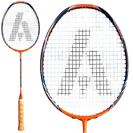 The Ashaway Phantom X Fire II Badminton Racket in Orange Black is an orange racket boasting a design on its strings that resembles the letter "A," integrated with the Phantom Airflow System. It features a perfect circular frame and strings, complemented by light brown grip tape on the handle.