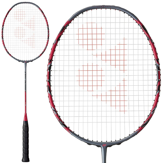 The Yonex Arcsaber 11 Pro 3U Badminton Racket in Greyish Pearl features a black grip and red accents on its frame. Equipped with a control assist bumper, the string bed displays a red logo design. The image highlights the ISOMETRIC Enlarged Sweet Spot while showcasing both the racket's head and full view to emphasize its detailed design.