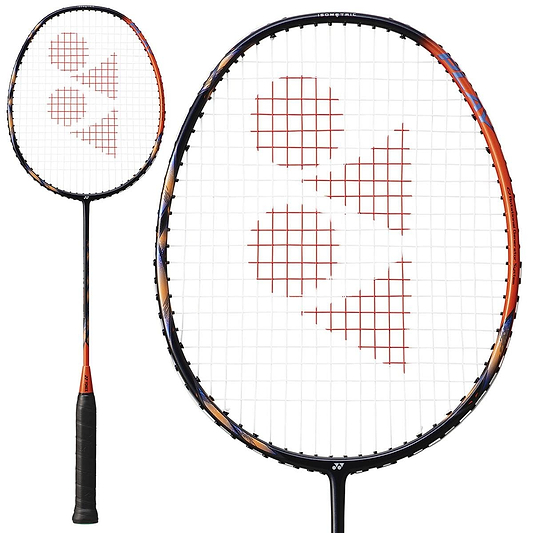 The Yonex Astrox 77 Play 4U Badminton Racket in High Orange is crafted with a graphite frame featuring an ISOMETRIC string pattern highlighted by red triangular designs. It has a black grip tape on the handle, and a close-up shows the detailed craftsmanship of the strings.