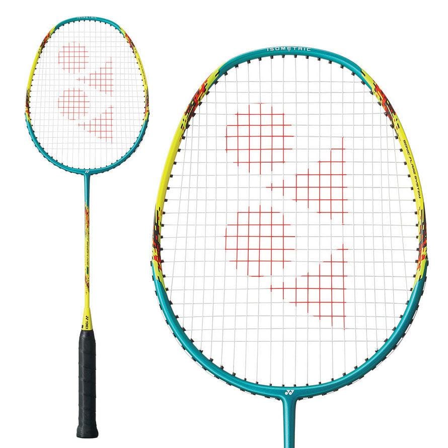 The Yonex Nanoflare E13 Badminton Racket in turquoise and yellow showcases a vibrant frame with a black grip and an isometric head shape. The red Yonex brand logo is prominently displayed on the white strings.
