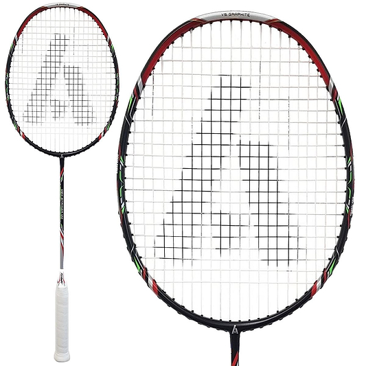 The Ashaway Vex Striker 100 badminton racket features a black and red design with a white grip. Its strings form a stylized "A," and the frame's metallic finish is enhanced with green accents. Made from graphite, this Ashaway racket embodies performance and style.