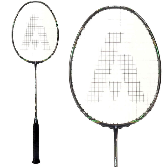 Close-up of an Ashaway Phantom X-Shadow Badminton Racket - Black Green handle and a white net, adorned with a stylized "A" design. The racket features an extra slim shaft profile and a round frame. The image highlights both the complete Phantom X-Shadow racket and an enlarged view of the head.
