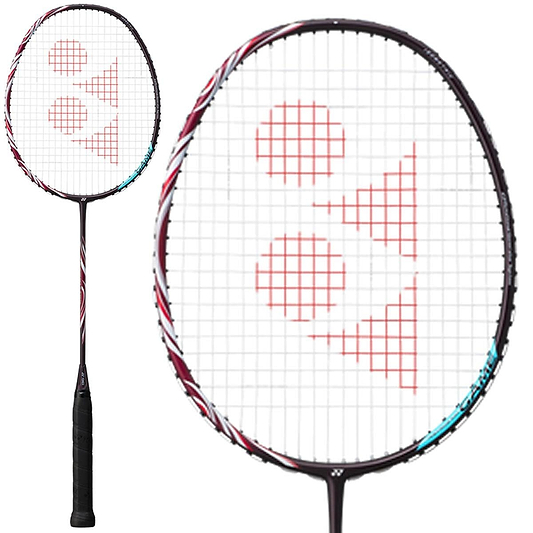 The Yonex Astrox 100 Game 4U Kurenai badminton racket from Yonex features a black handle and a white stringed head adorned with an eye-catching red logo. The frame is designed with sleek, modern black and red accents, incorporating the advanced Rotational Generator System for peak performance.
