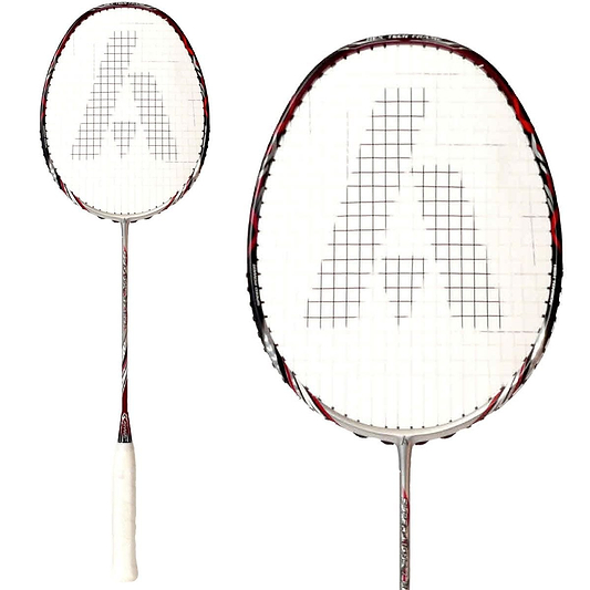 Close-up of an Ashaway Superlight 7 Hex Badminton Racket showcasing its Hex Frame technology and a sleek silver and red color scheme. The strings form a pattern resembling the letter "A," while the white grip handle, along with the frame highlighted by red accents, reveals its lightweight design from two angles.