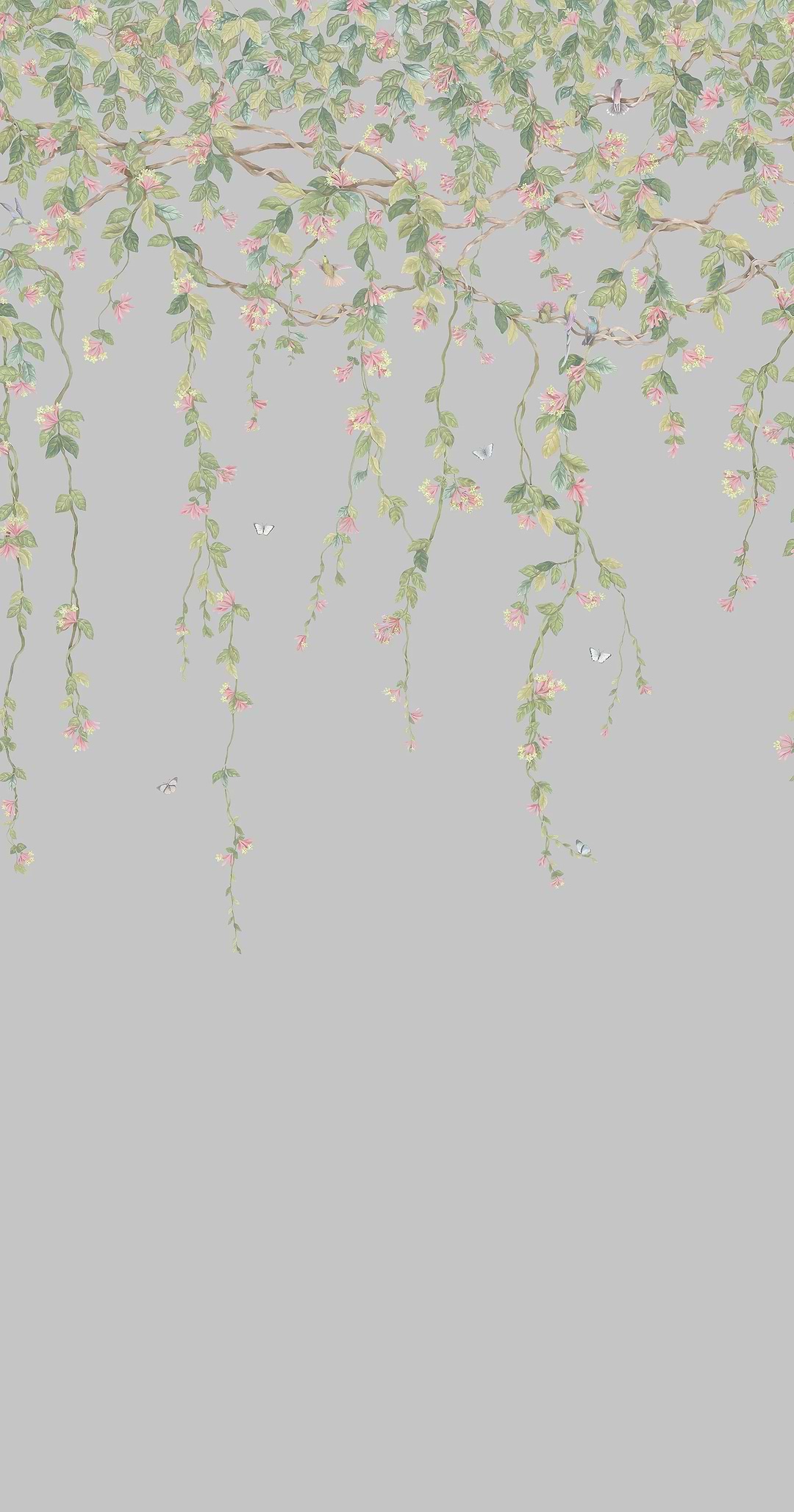 Hummingbirds Flora-Cole & Son-Rose & Olive on Grey-Set-Selected-Wallpapers-Interiors