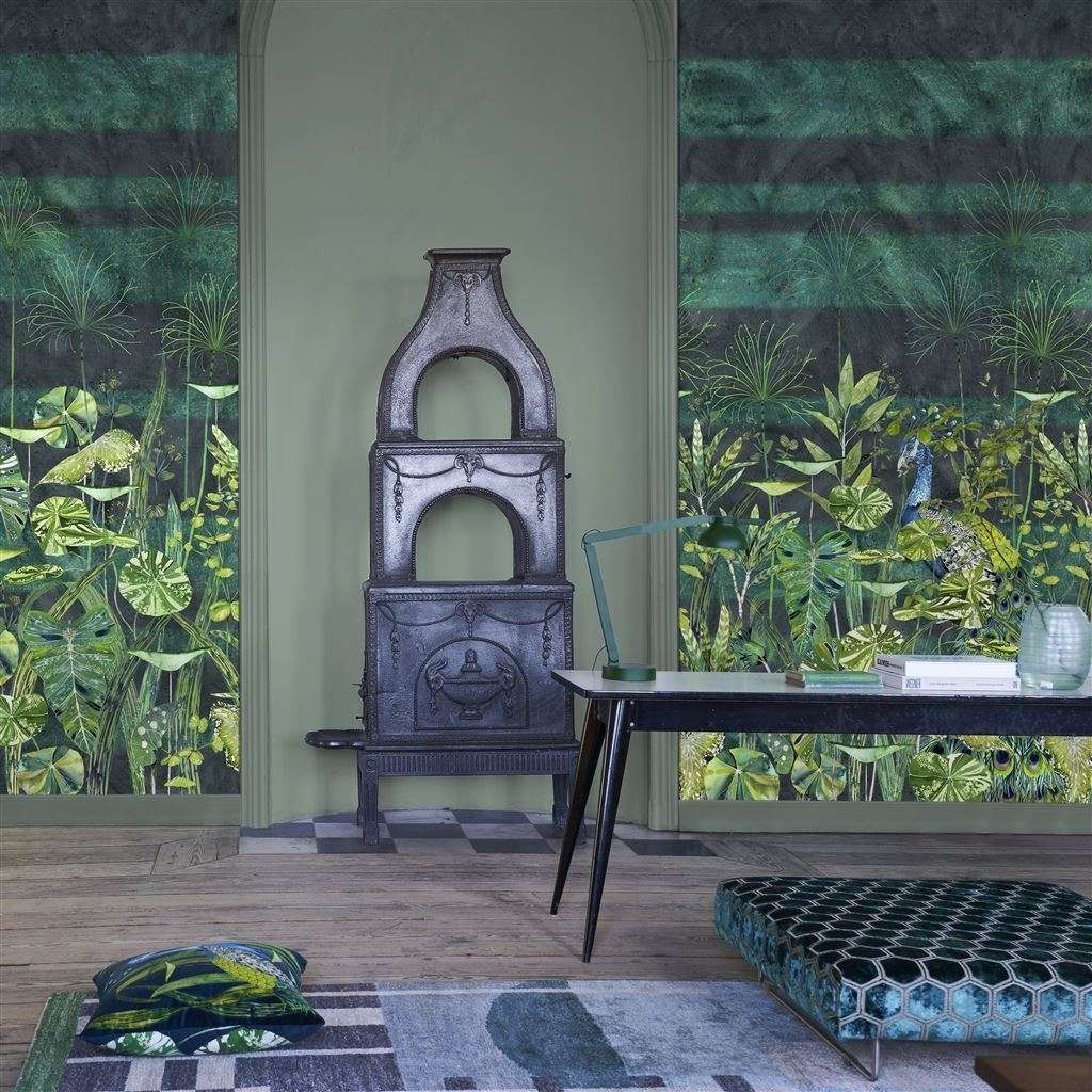 Arjuna Leaf With Peacock-behang-Tapete-Designers Guild-Viridian-Set-PDG1069/01-Selected Wallpapers