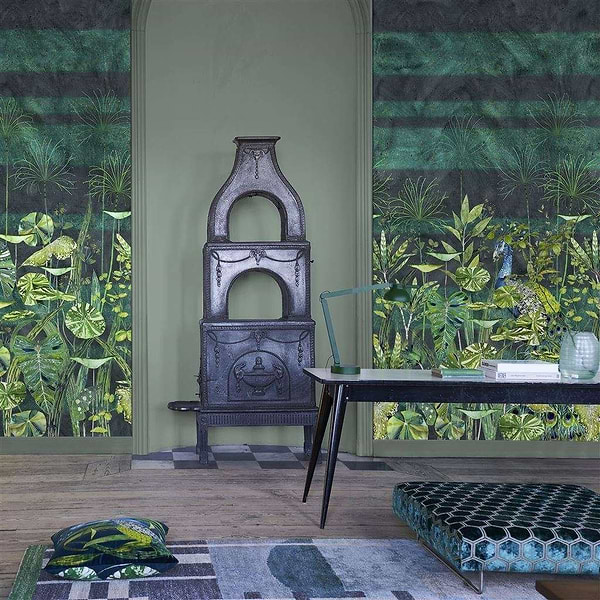 Arjuna Leaf With Peacock-behang-Tapete-Designers Guild-Viridian-Set-PDG1069/01-Selected Wallpapers