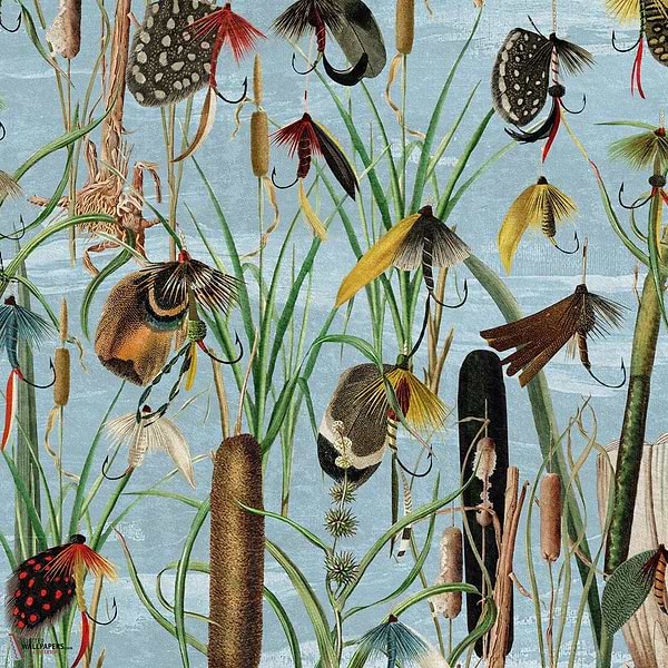 Fishing Flies behang-Mind the Gap-wallpaper-tapete-Aquamarine-300 cm (standaard)-Selected-Wallpapers-Interiors