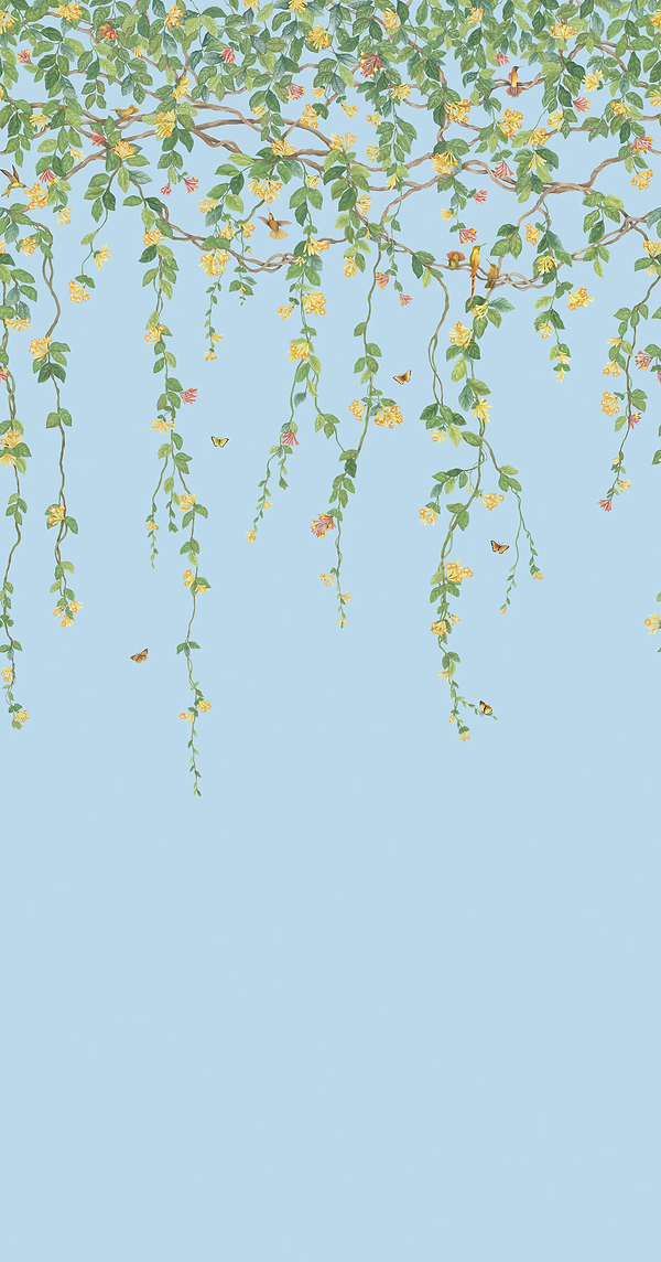 Hummingbirds Flora-Cole & Son-Buttercup Yellow on Cornflower Blue-Set-Selected-Wallpapers-Interiors