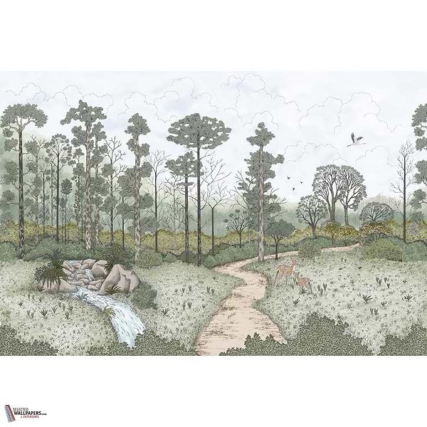 La biche aux bois behang-Les Dominotiers-Green-Non Woven (70 cm)-M2-Selected Wallpapers-Interiors