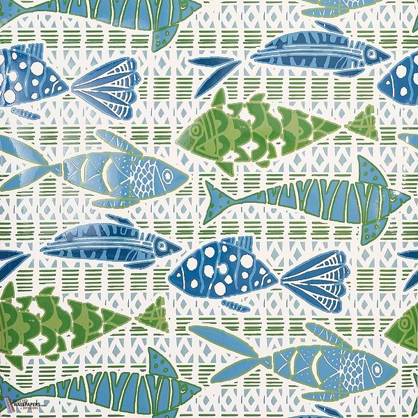 Batik fish behang-Thibaut-Blue and green-Rol-Selected Wallpapers-Interiors