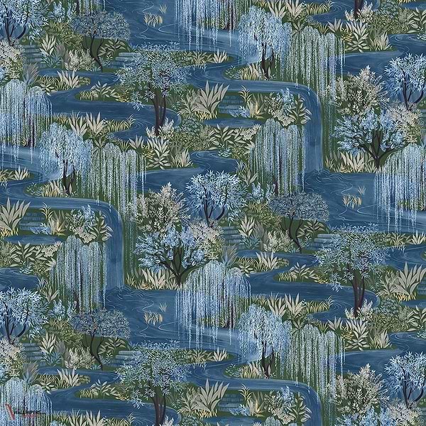 Water Garden behang-Les Dominotiers-Blue-Non Woven 70 cm-M2-Selected Wallpapers-Interiors