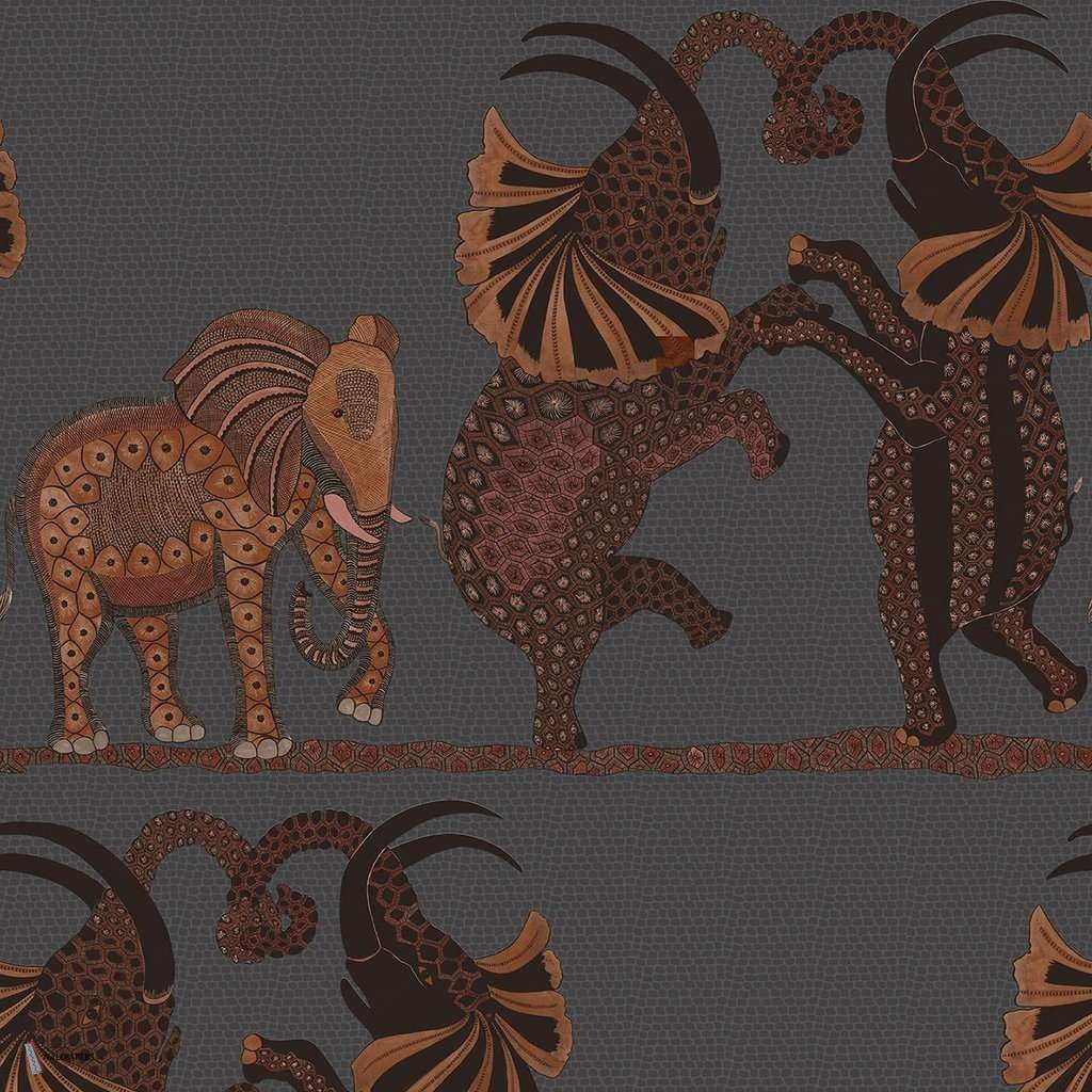 Safari Dance behang in Ginger on Charcoal van Cole & Son