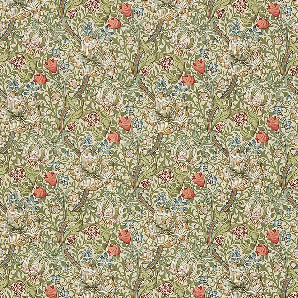 Golden Lily stof-Fabric-Tapete-Morris & Co-Green/Gold-Meter (M1)-226702-Selected Wallpapers