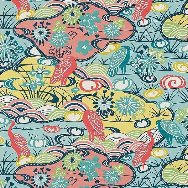 Heron Stream-Behang-Tapete-Thibaut-Coral and Aqua-Rol-T13331-Selected Wallpapers