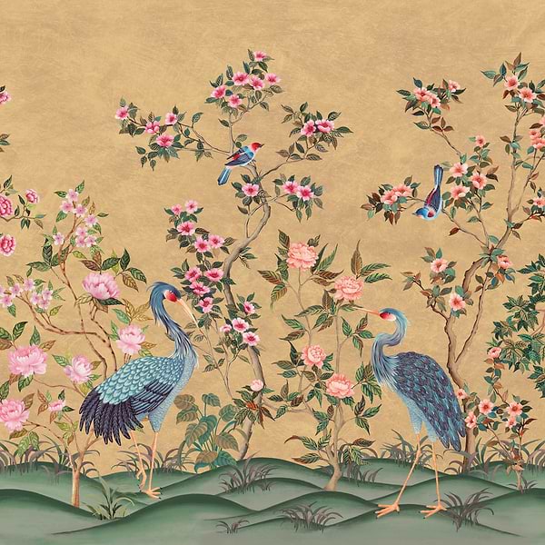 Romantic Cranes-Behang-Tapete-Presence-Old Ochre-Naadloos Green Vinyl-PS100/05-Selected Wallpapers