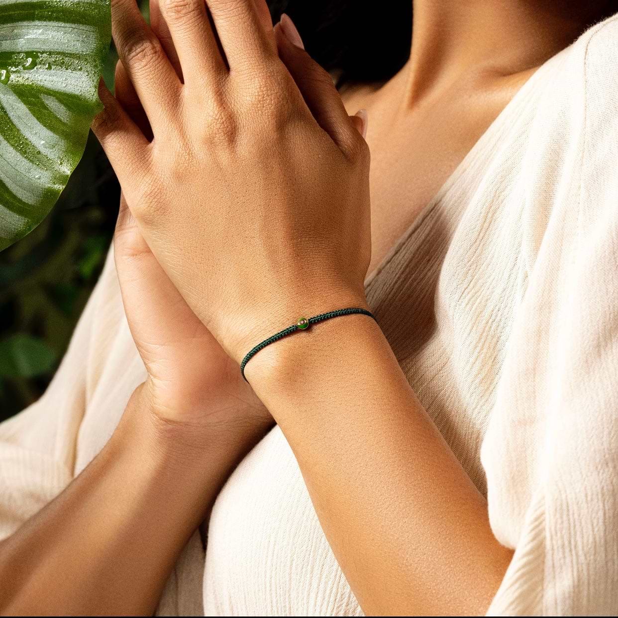 Karma and Luck  Bracelets - Womens  -  Vivid Light - Green String Evil Eye Charm Bracelet