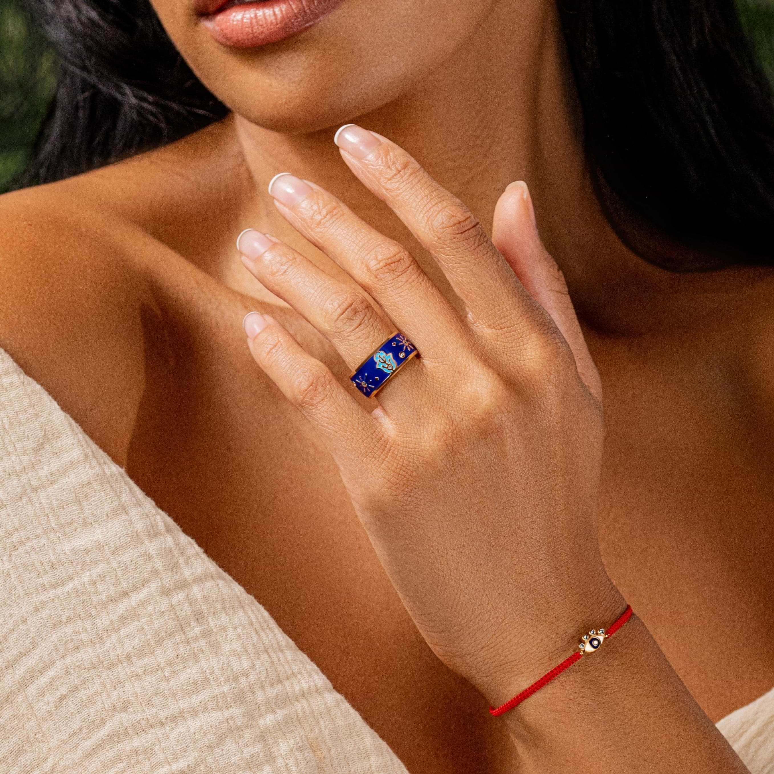 Karma and Luck  Rings - Womens  -  Utmost Protection - Hamsa Navy Enamel Diamond Blue Topaz Ring