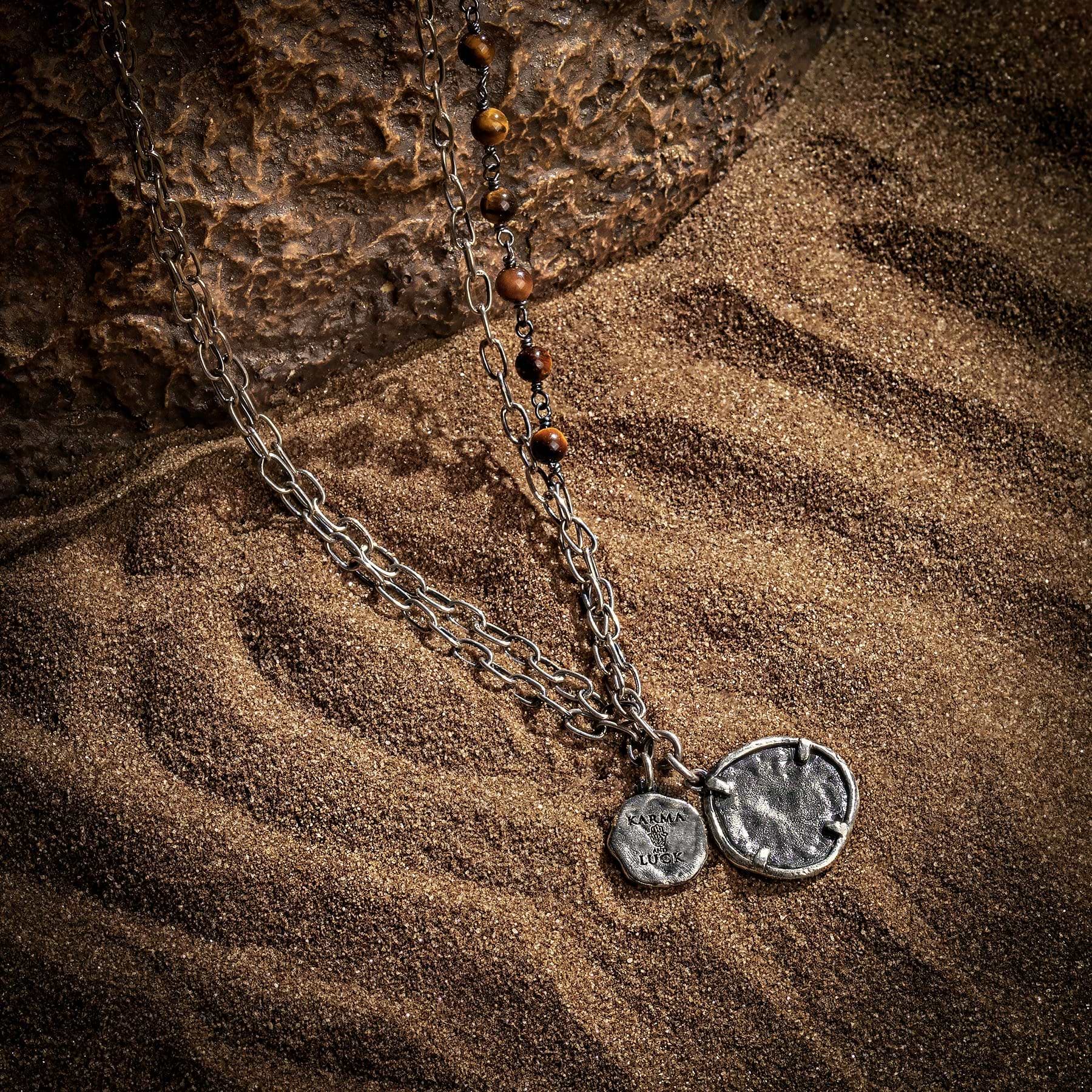 Karma and Luck  Necklace  -  Supreme Protection - Tiger's Eye Hamsa Horus Double Medallion Necklace