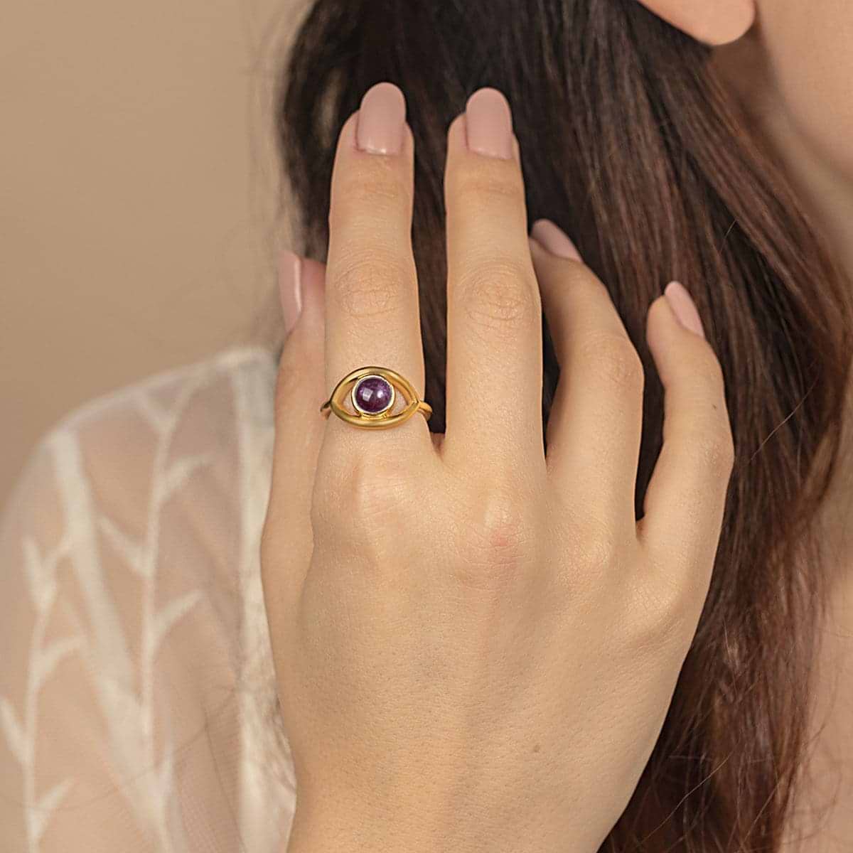 Karma and Luck  Ring  -  Rejuvenated Life - Gold Plated Evil Eye Amethyst Ring