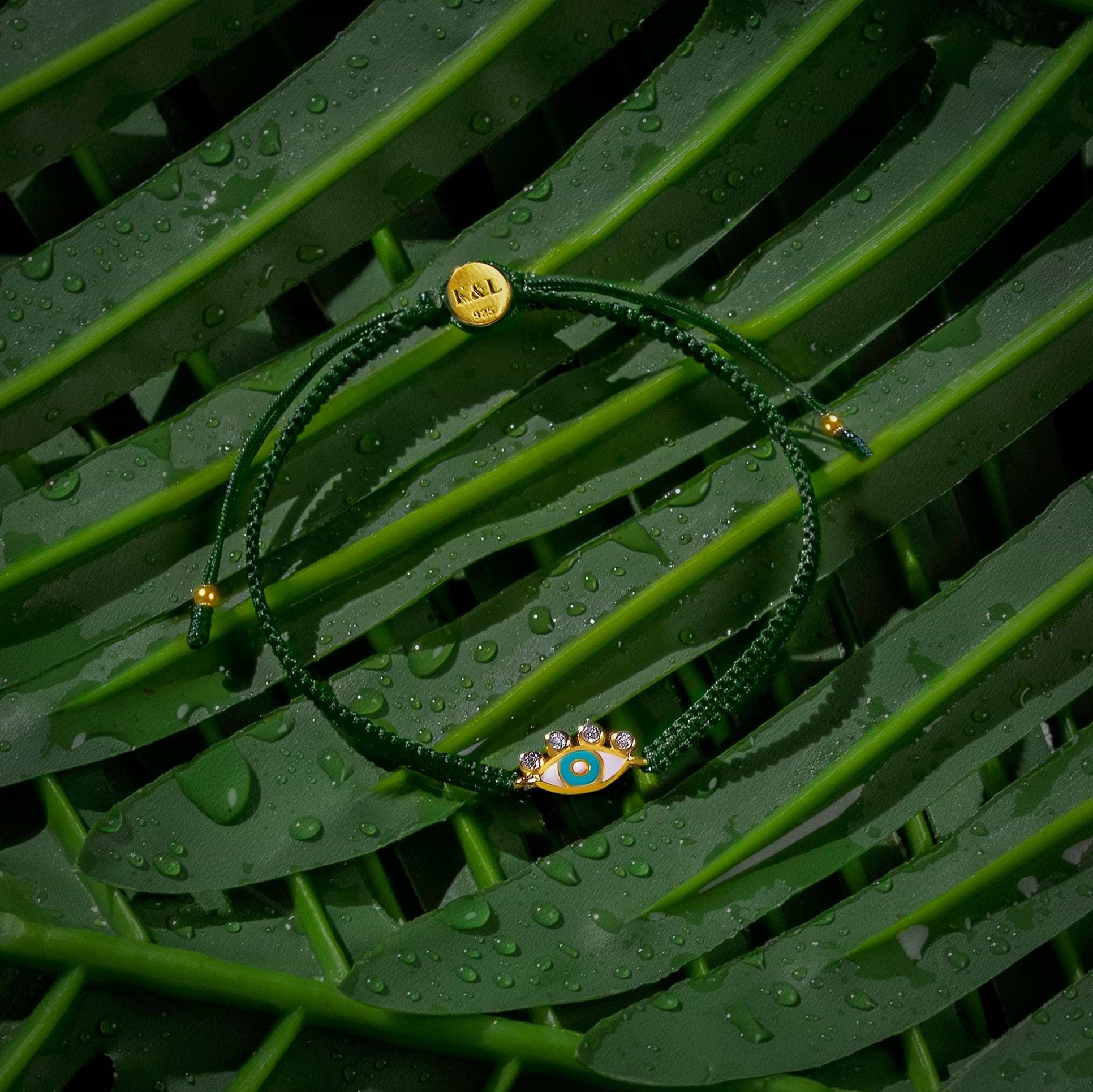 Karma and Luck  Bracelets - Womens  -  Gleaming Spirituality - Green String Evil Eye Charm Bracelet