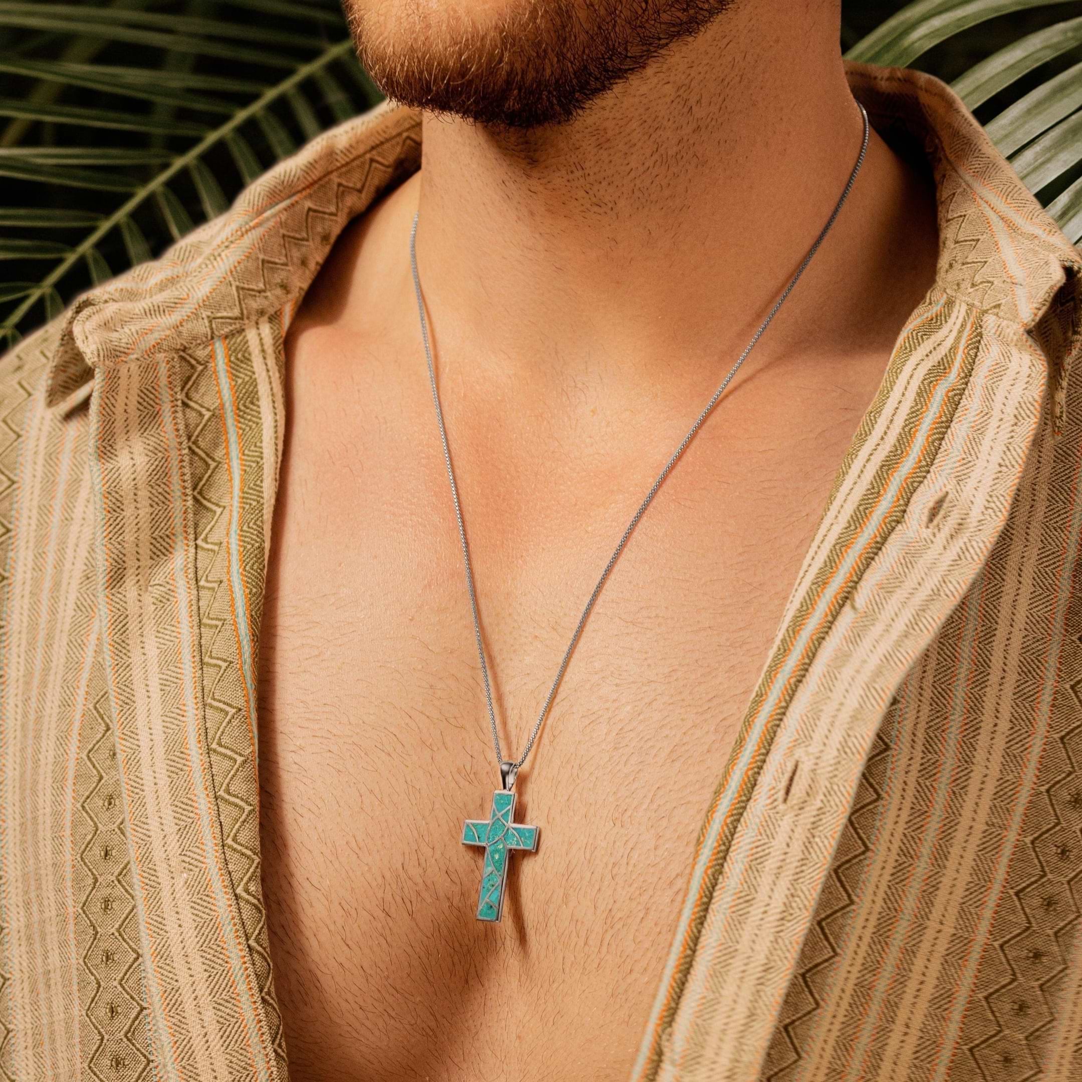 Karma and Luck  Necklaces - Mens  -  Tranquil Light - Turquoise Cross Pendant Necklace