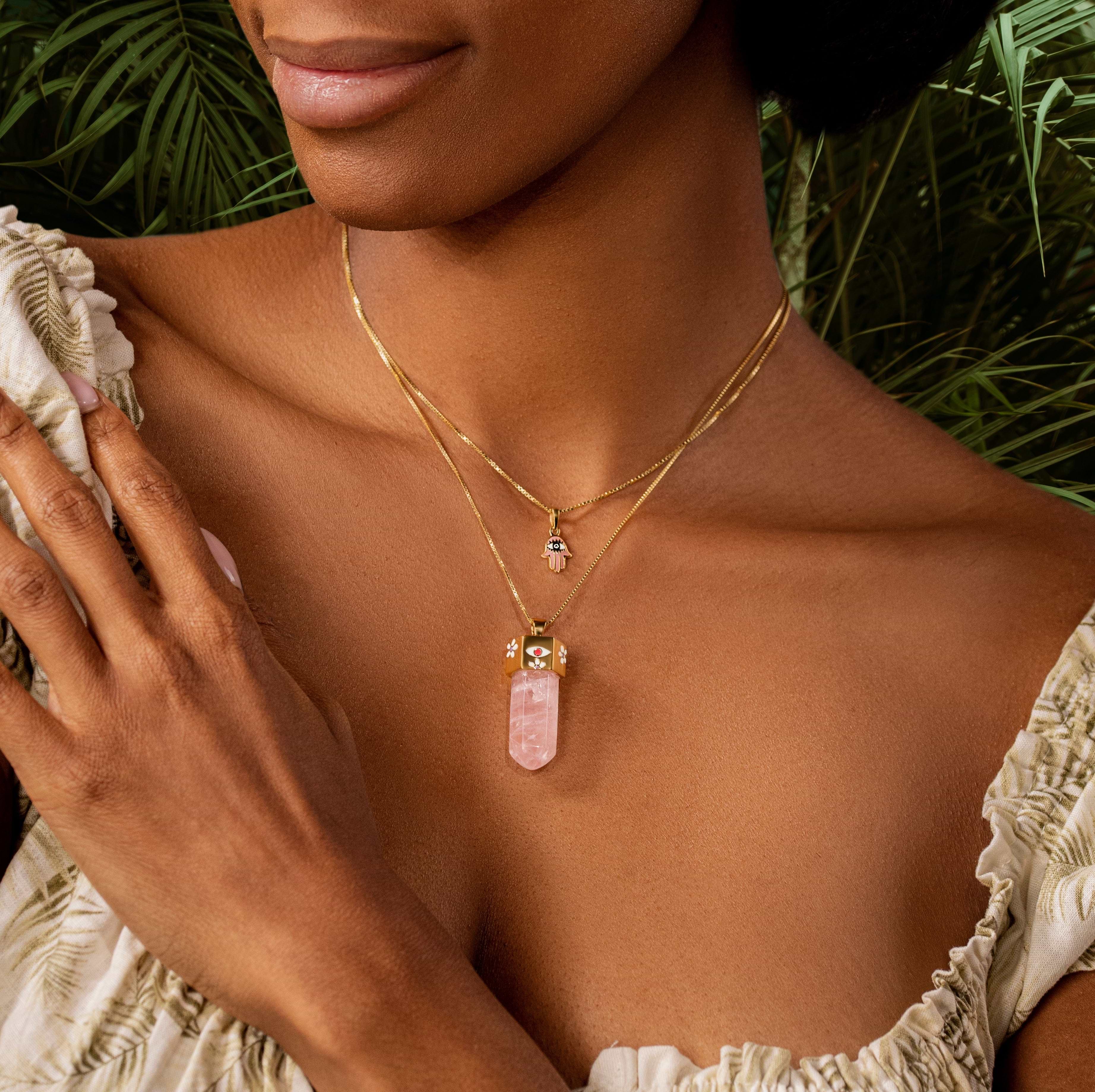 Karma and Luck  Necklaces - Womens  -  Subtle Warden - Pink Enamel Diamond Hamsa Pendant Necklace