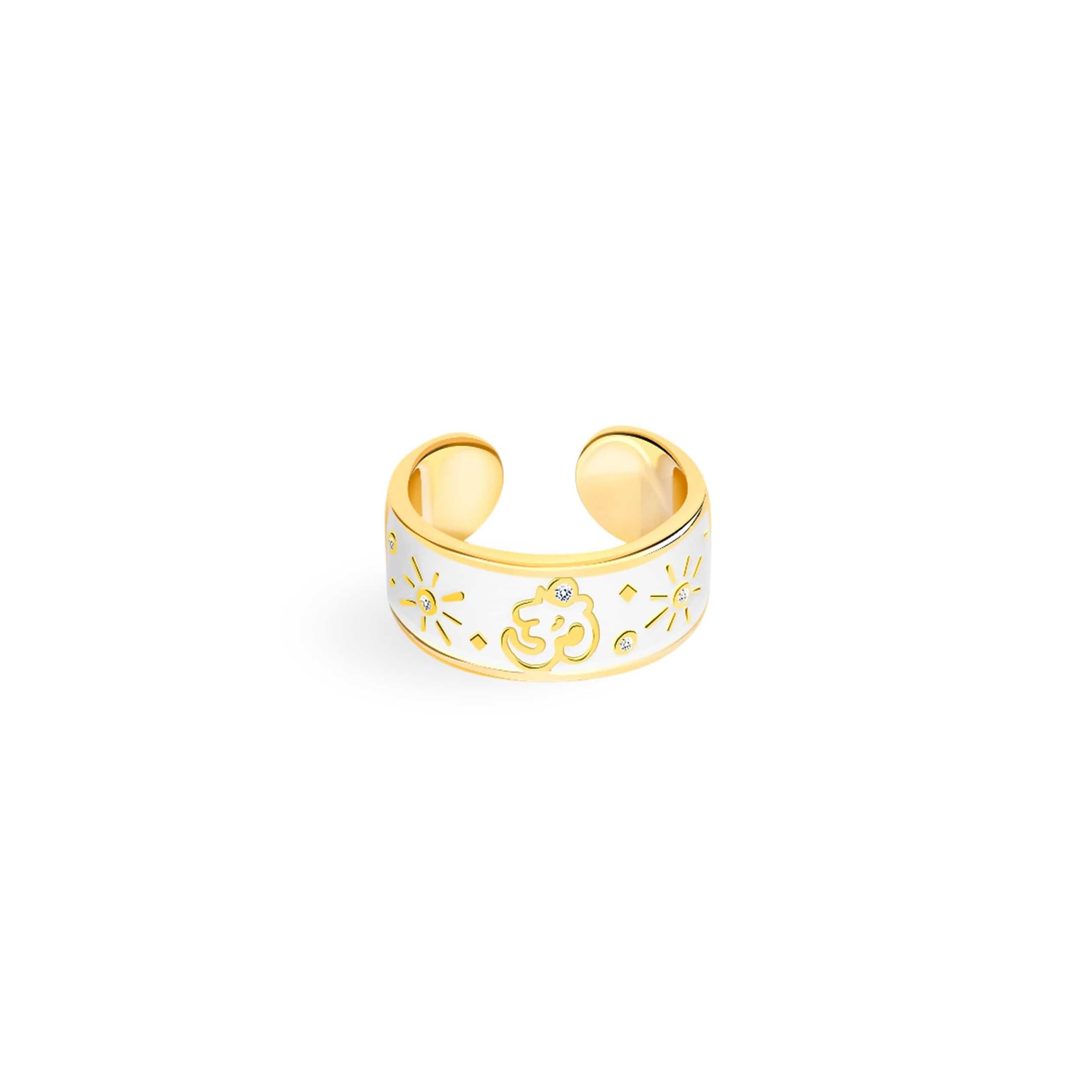 Karma and Luck  Rings - Womens  -  Brass 18K Gold Plate Om Cigar Band Ring 1 Micron White Enamel with Diamond