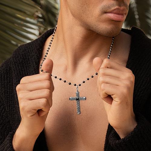 Karma and Luck  Necklaces - Mens  -  Profound Belief - Silver Matte Onyx Cross Charm Necklace