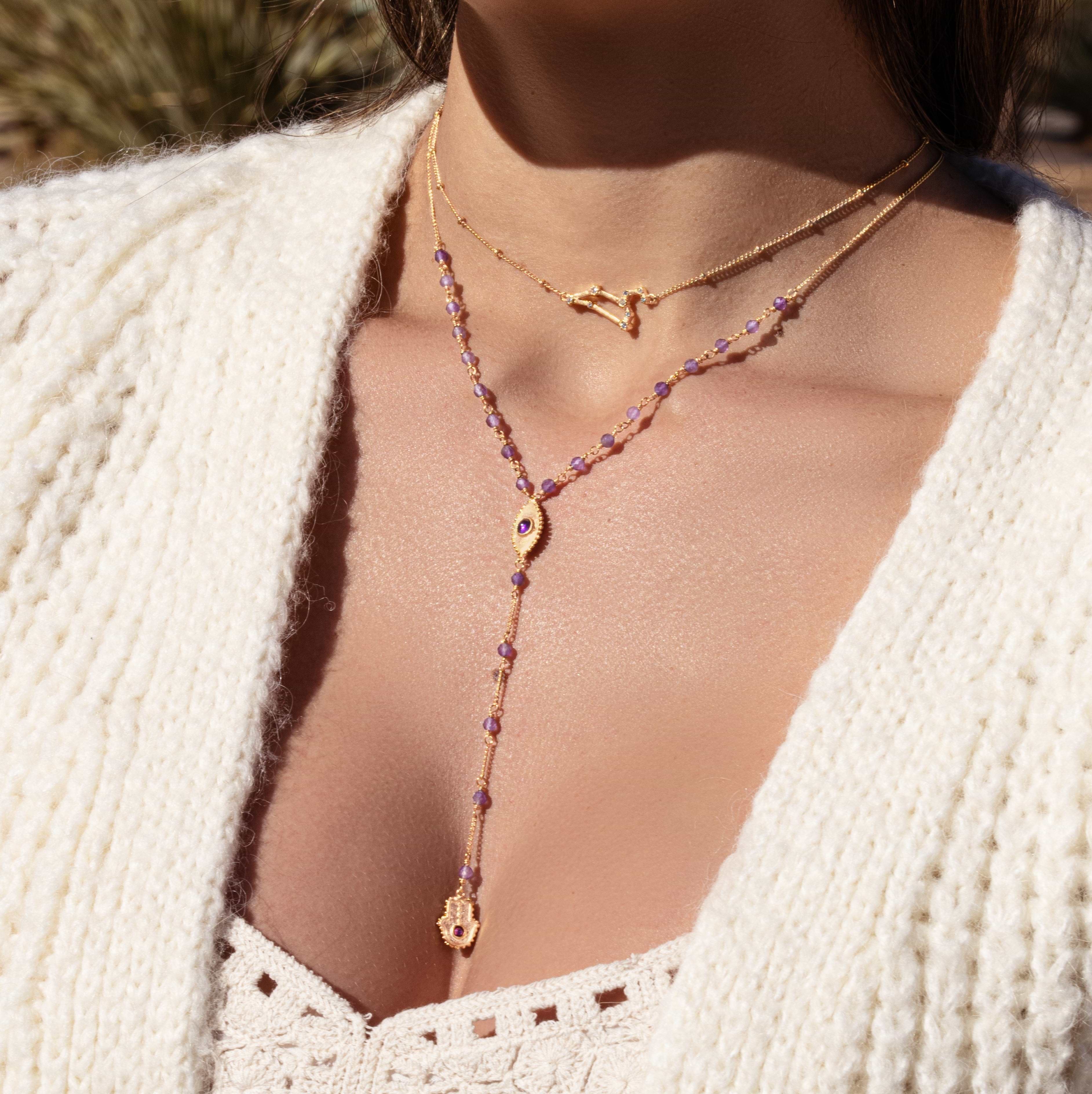 Karma and Luck  Necklace  -  Peace of Spirit - Amethyst Evil Eye Hamsa Lariat Necklace