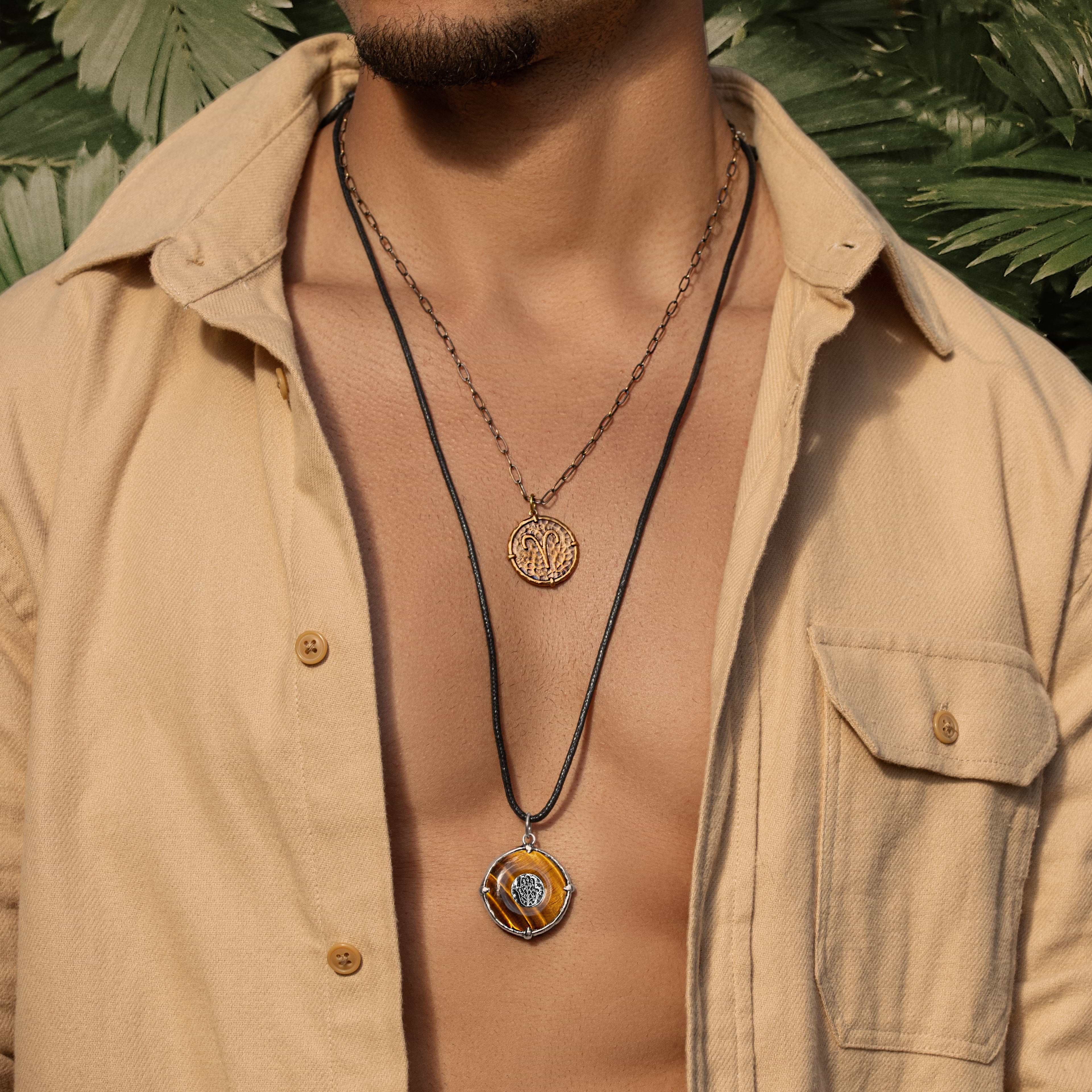 Karma and Luck  Necklaces - Mens  -  Courageous Soul - Tiger's Eye Hamsa Black String Necklace