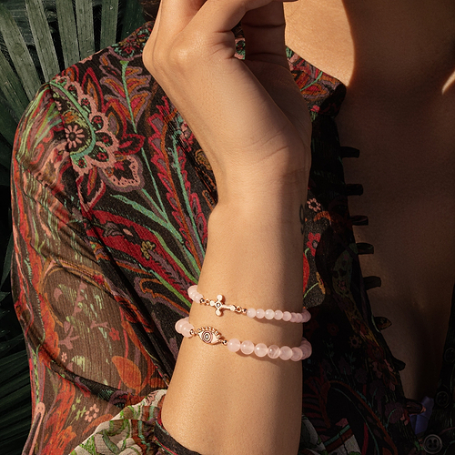 Karma and Luck  Bracelets - Womens  -  Loyal Support - Rose Quartz Diamond Cross Bracelet