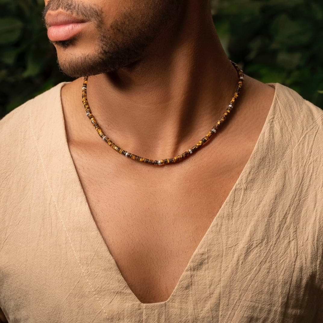 Karma and Luck  Necklaces - Mens  -  Bold Heart - Tiger's Eye Heishi Choker Necklace