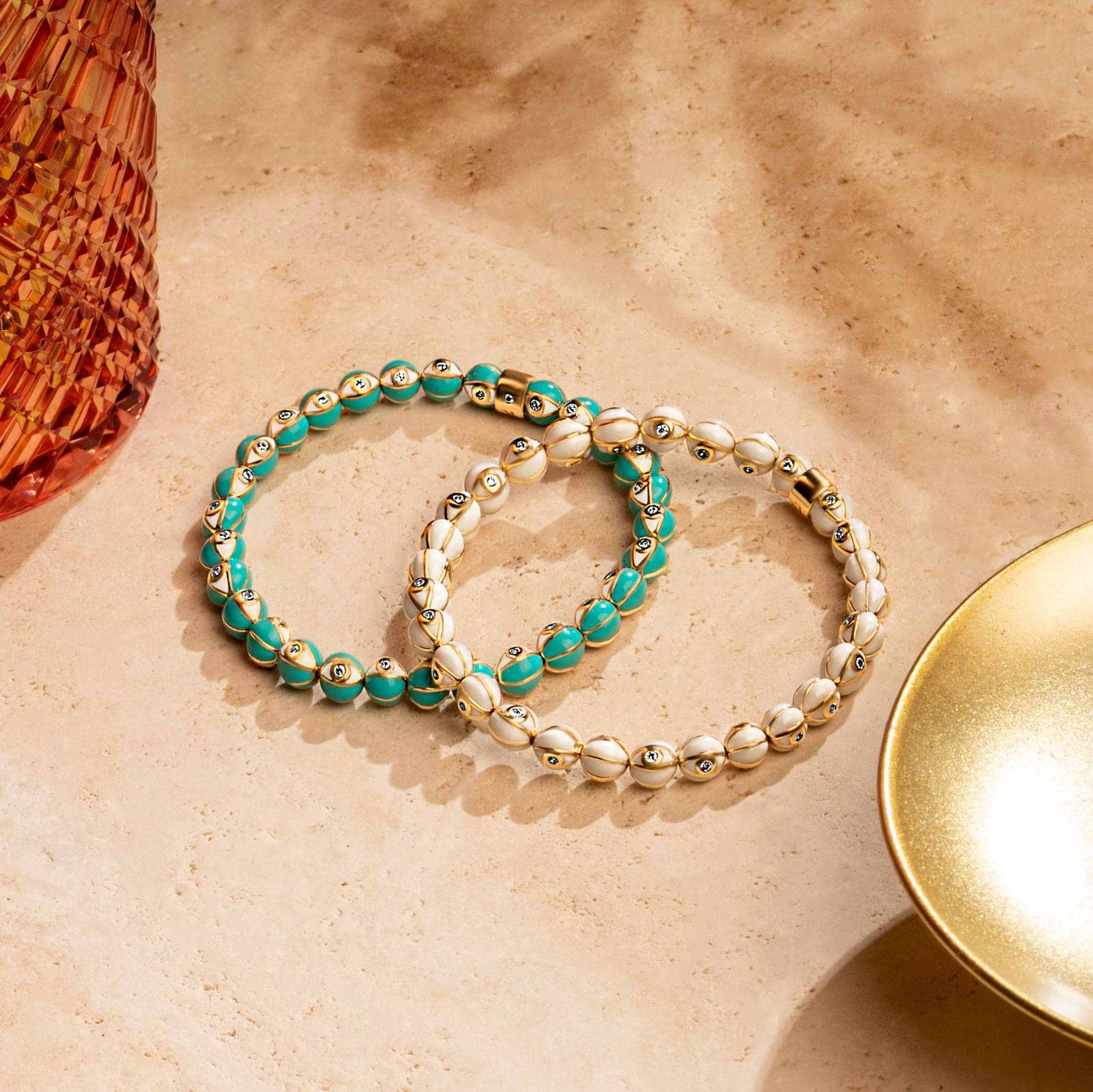 Karma and Luck  Bracelets - Womens  -  Serene Protection - Turquoise Enamel Evil Eye Charm Bracelet