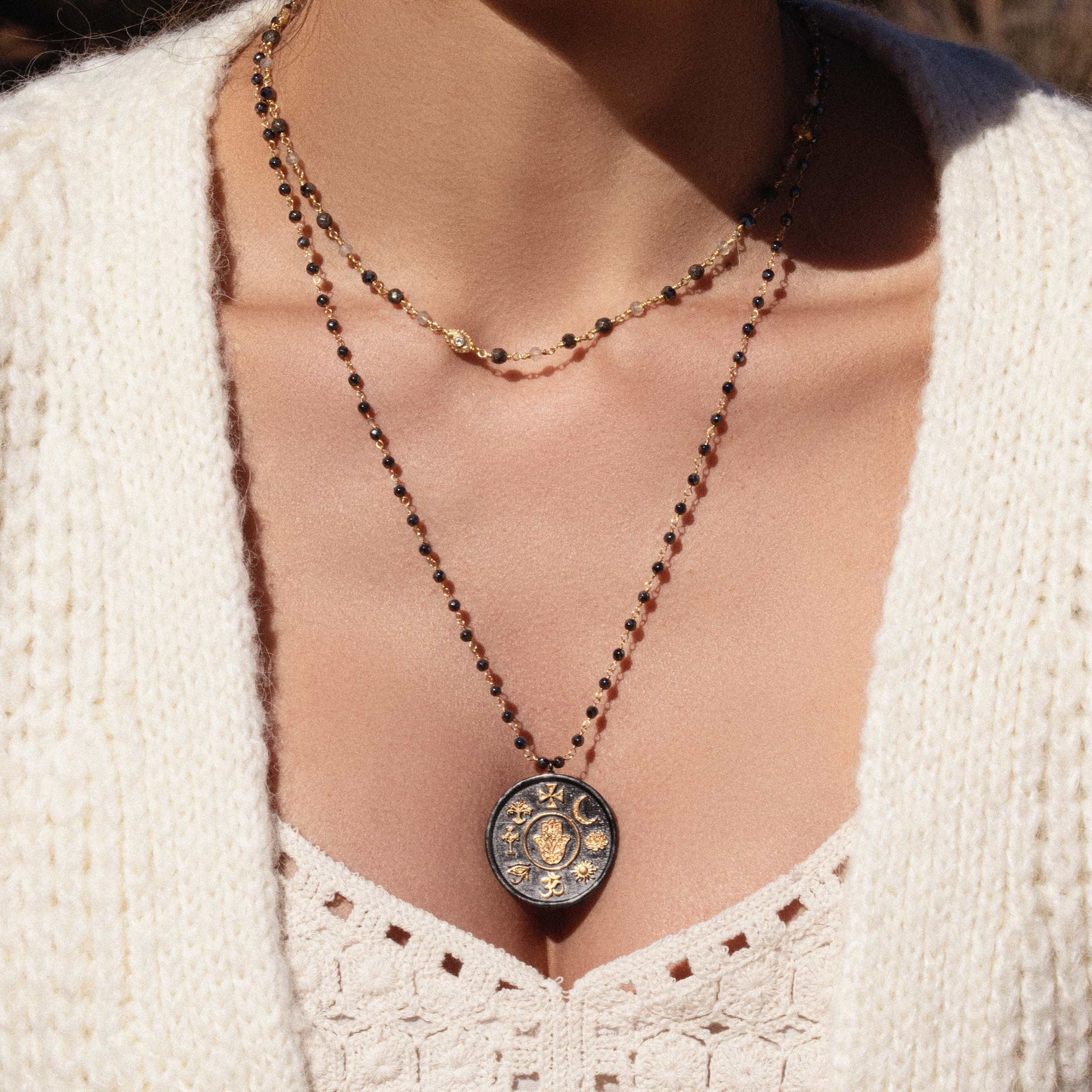 Karma and Luck  Necklace  -  Shine with Strength - Hematite Hamsa Multi Symbol Necklace