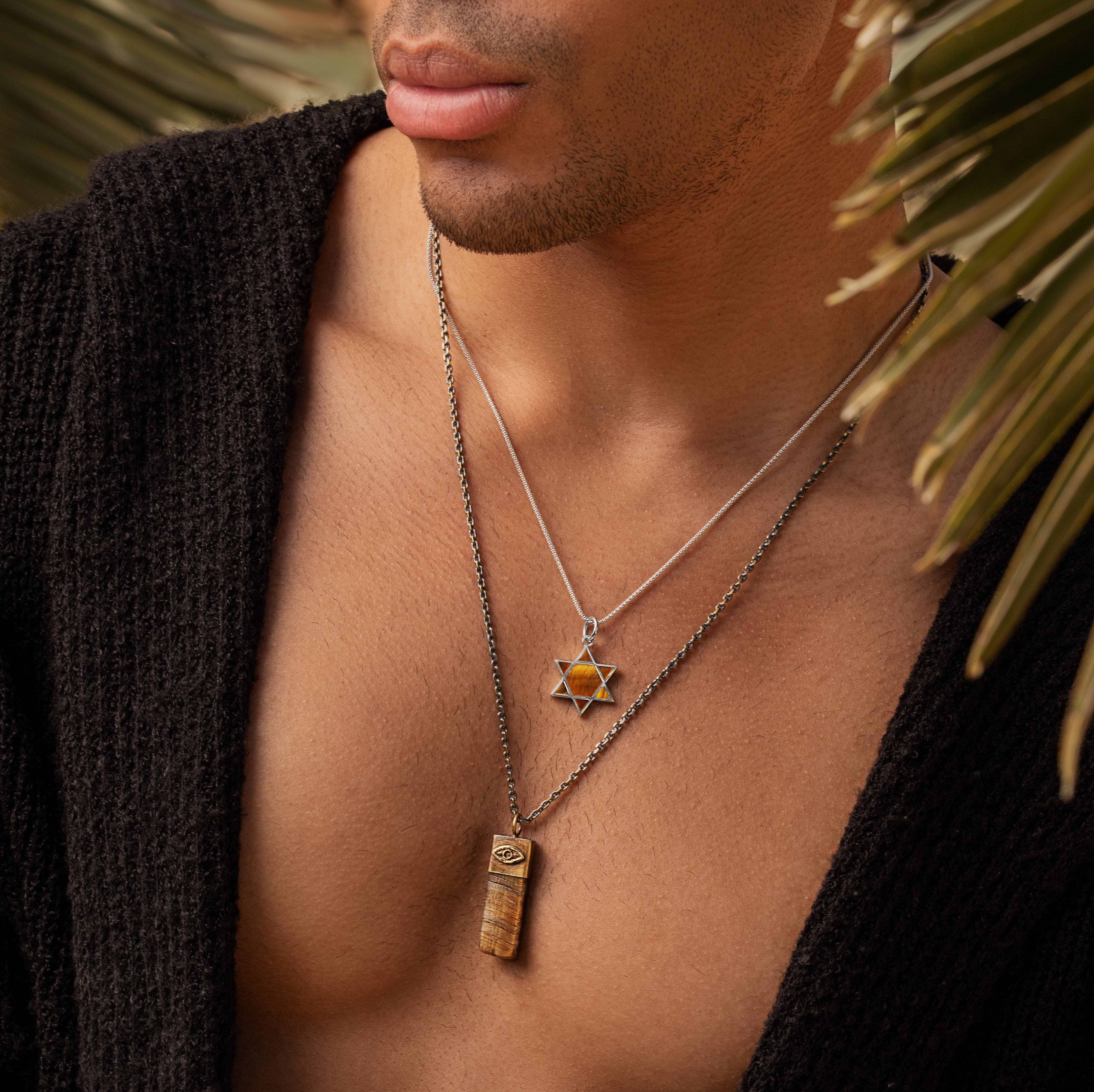 Karma and Luck  Necklaces - Mens  -  Outstanding Strength - Tiger's Eye Evil Eye Slab Necklace
