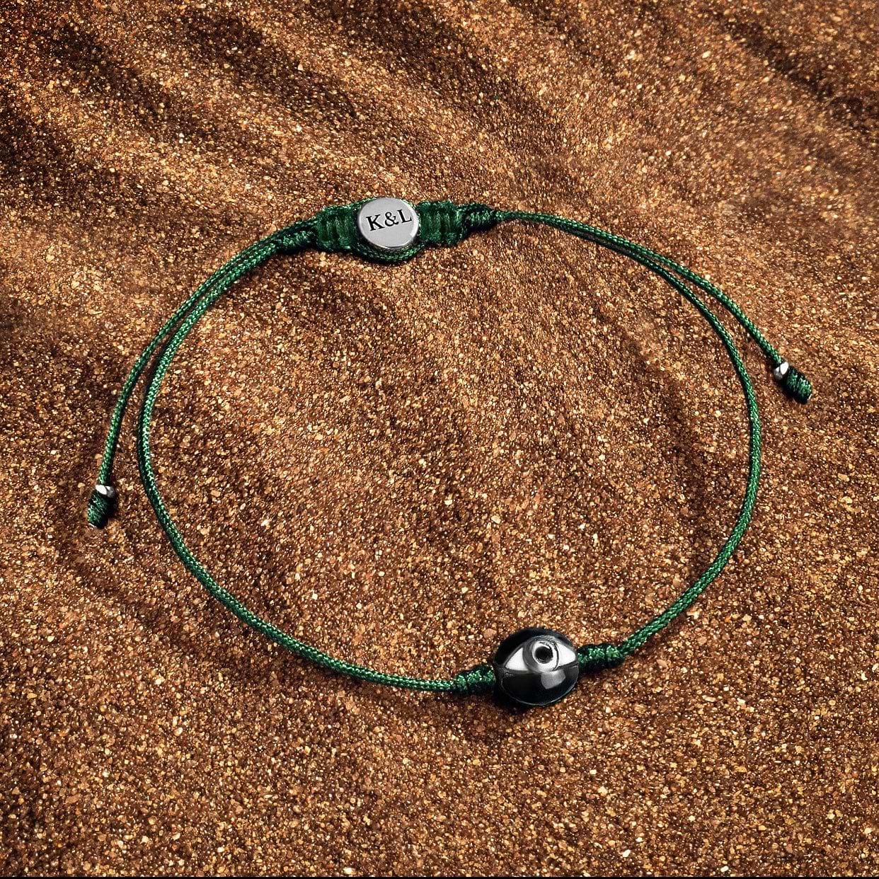 Karma and Luck  Bracelets - Mens  -  Platonic Protector - Black Enamel Evil Eye Green String Bracelet