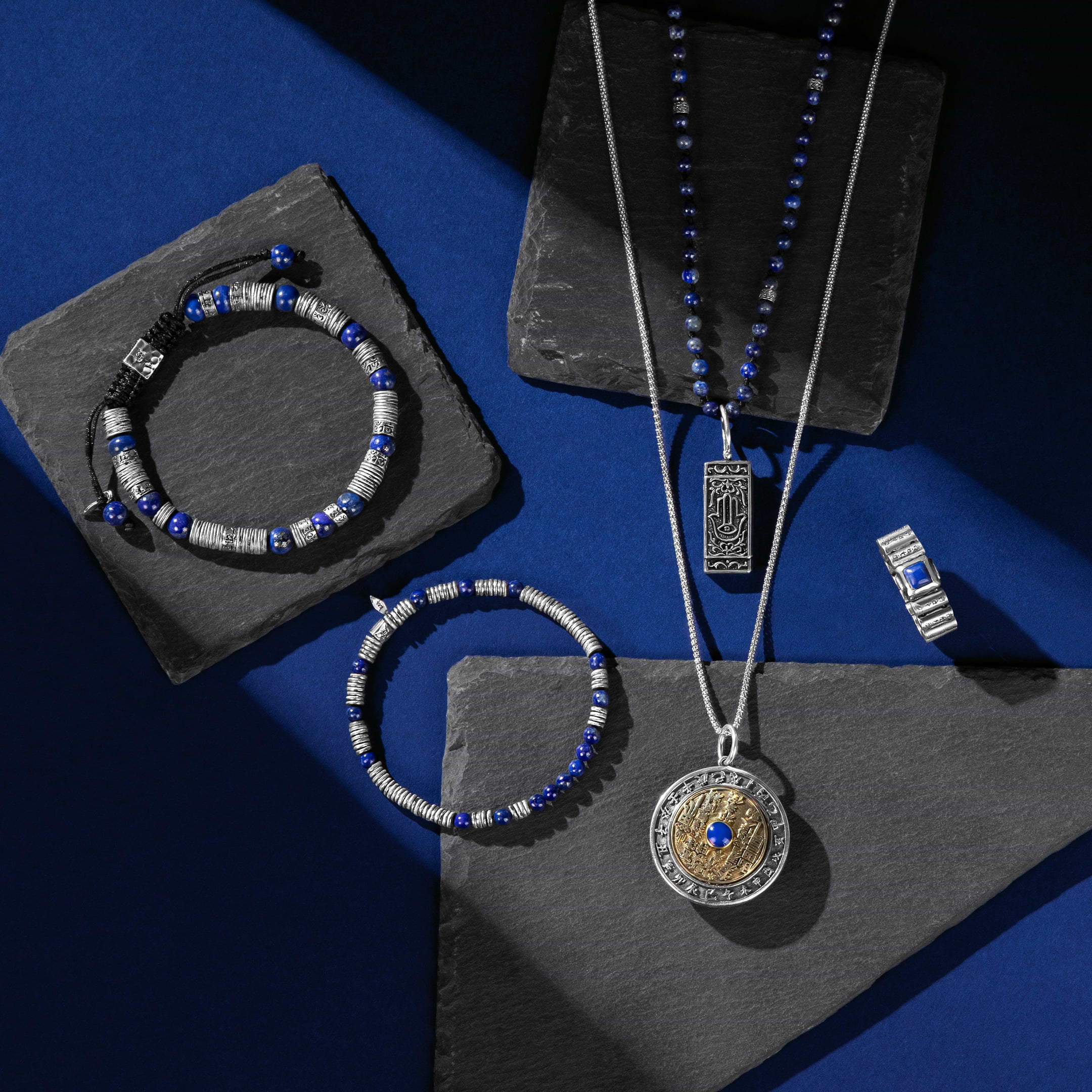 Karma and Luck  Bracelets - Mens  -  Divine Knowledge - Silver Heishi Lapis Lazuli Mantra Bracelet