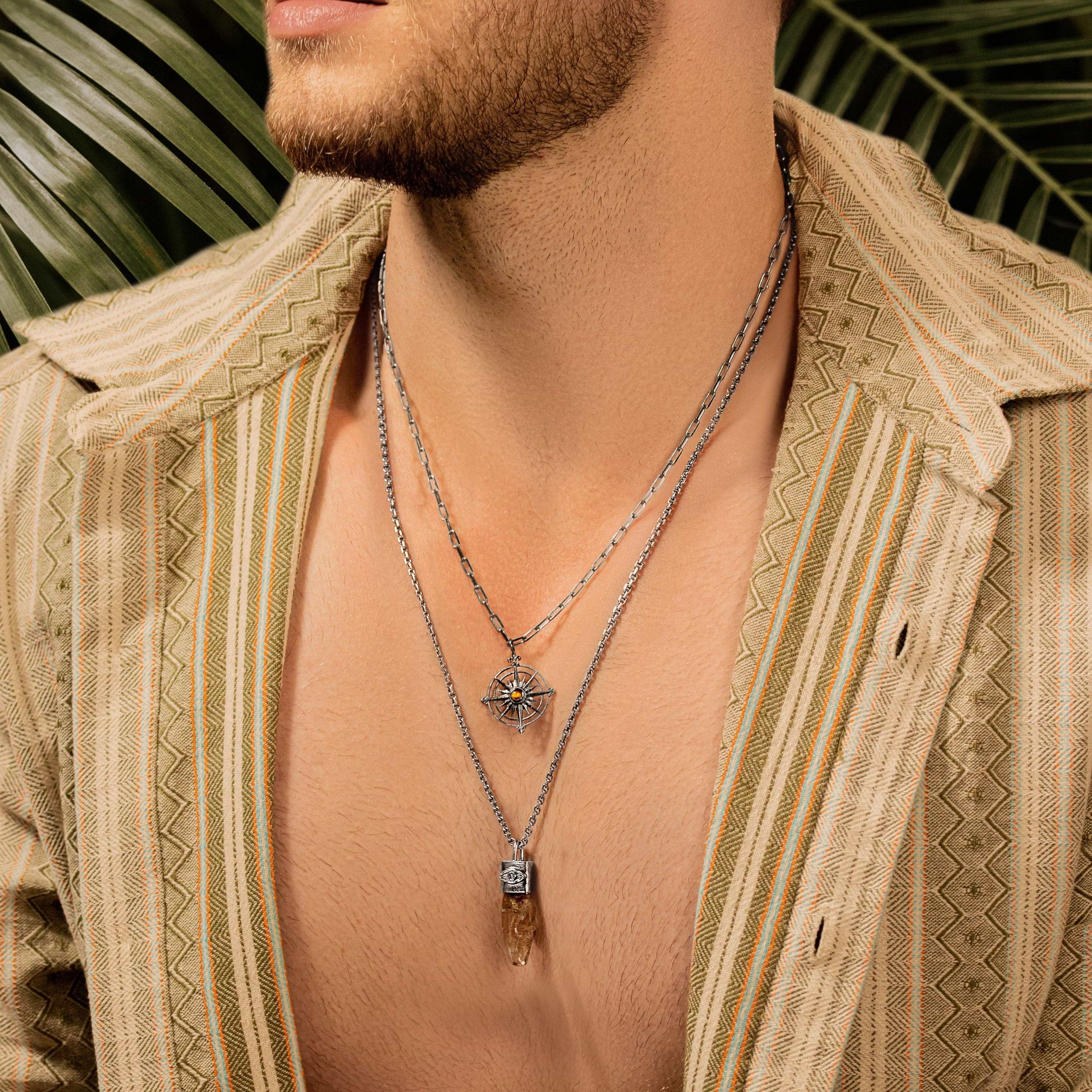Karma and Luck  Necklaces - Mens  -  Paths of Courage - Tiger's Eye Compass Charm Necklace