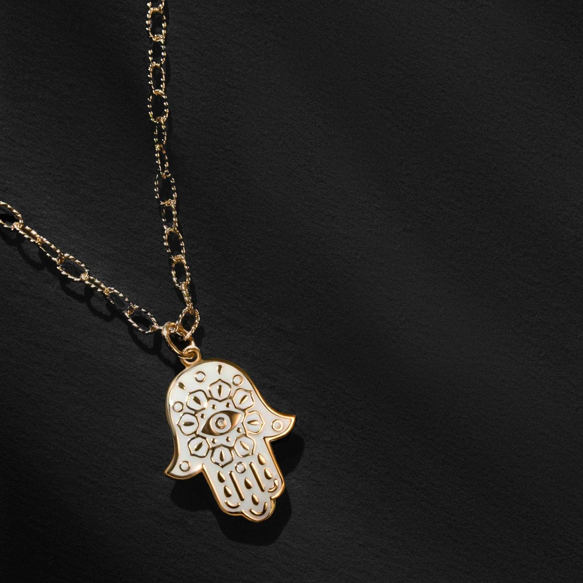 Karma and Luck  Necklaces - Womens  -  Sparkling Personality - White Enamel Diamond Hamsa Pendant Necklace
