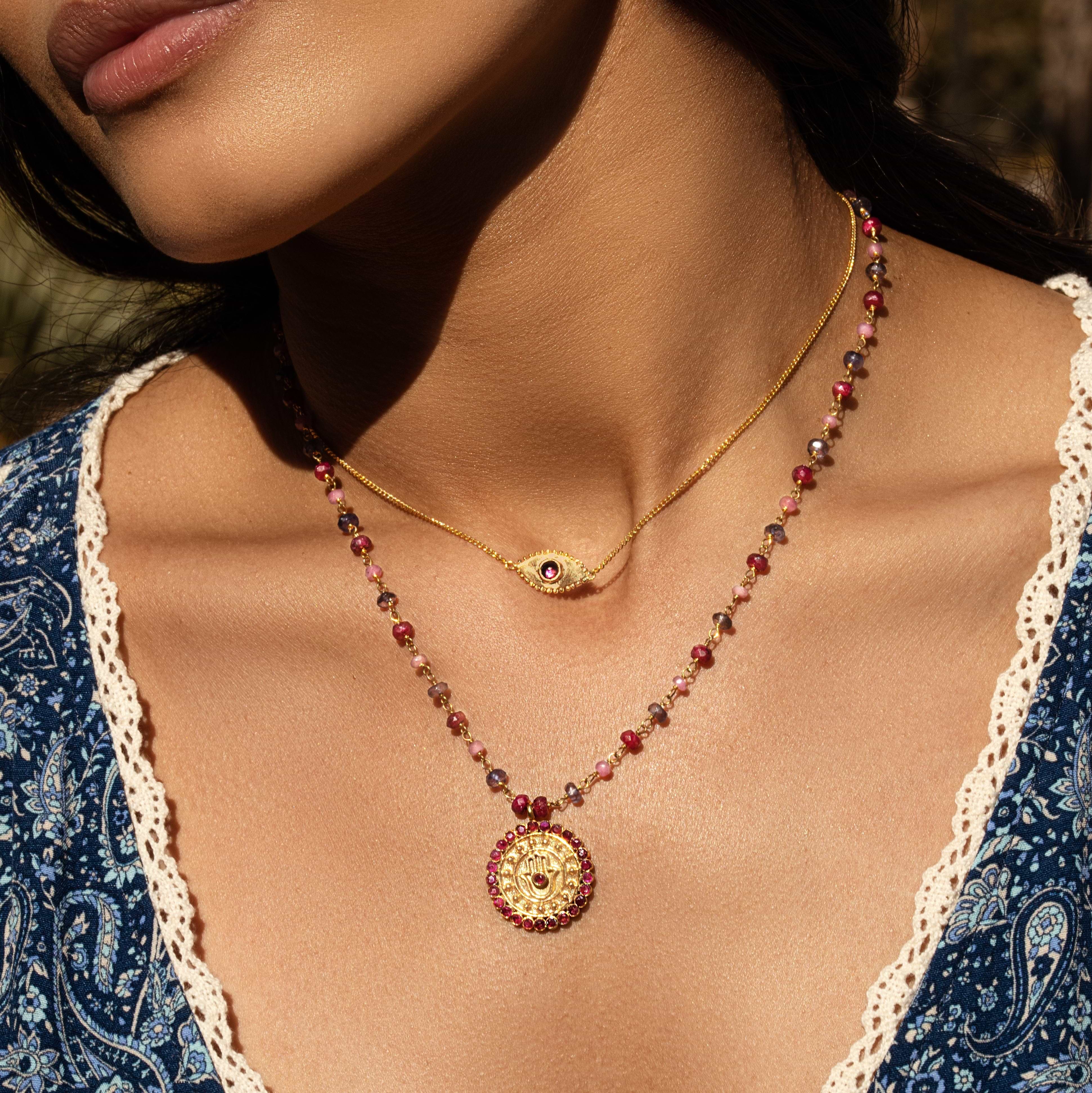 Karma and Luck  Necklaces - Womens  -  Lively Appreciation - Ruby Pink Sapphire Iolite Hamsa Medallion Necklace