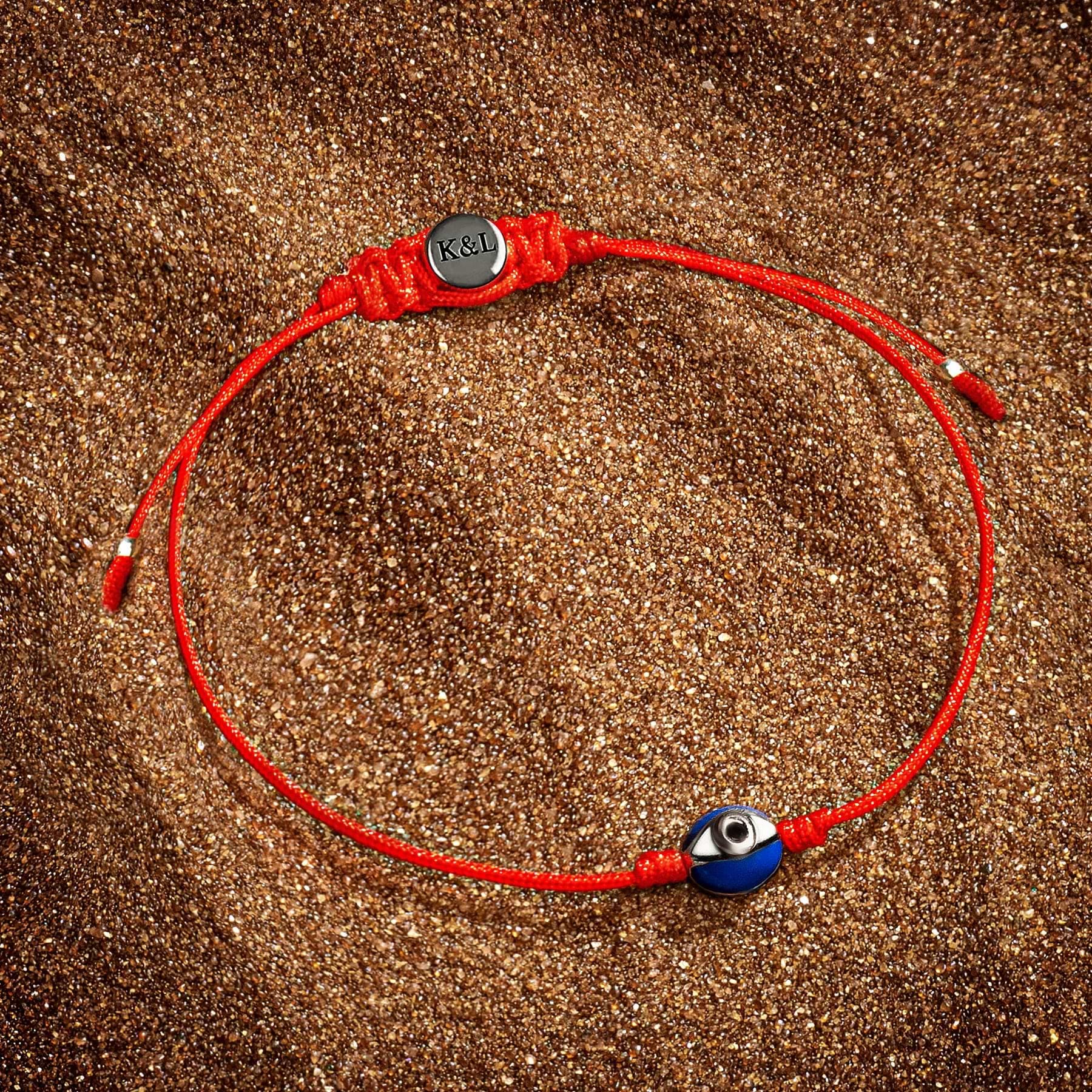 Karma and Luck  Bracelets - Mens  -  Rhodium Plated Brass Navy Enamel Evil Eye Bead BRed String Bracelet