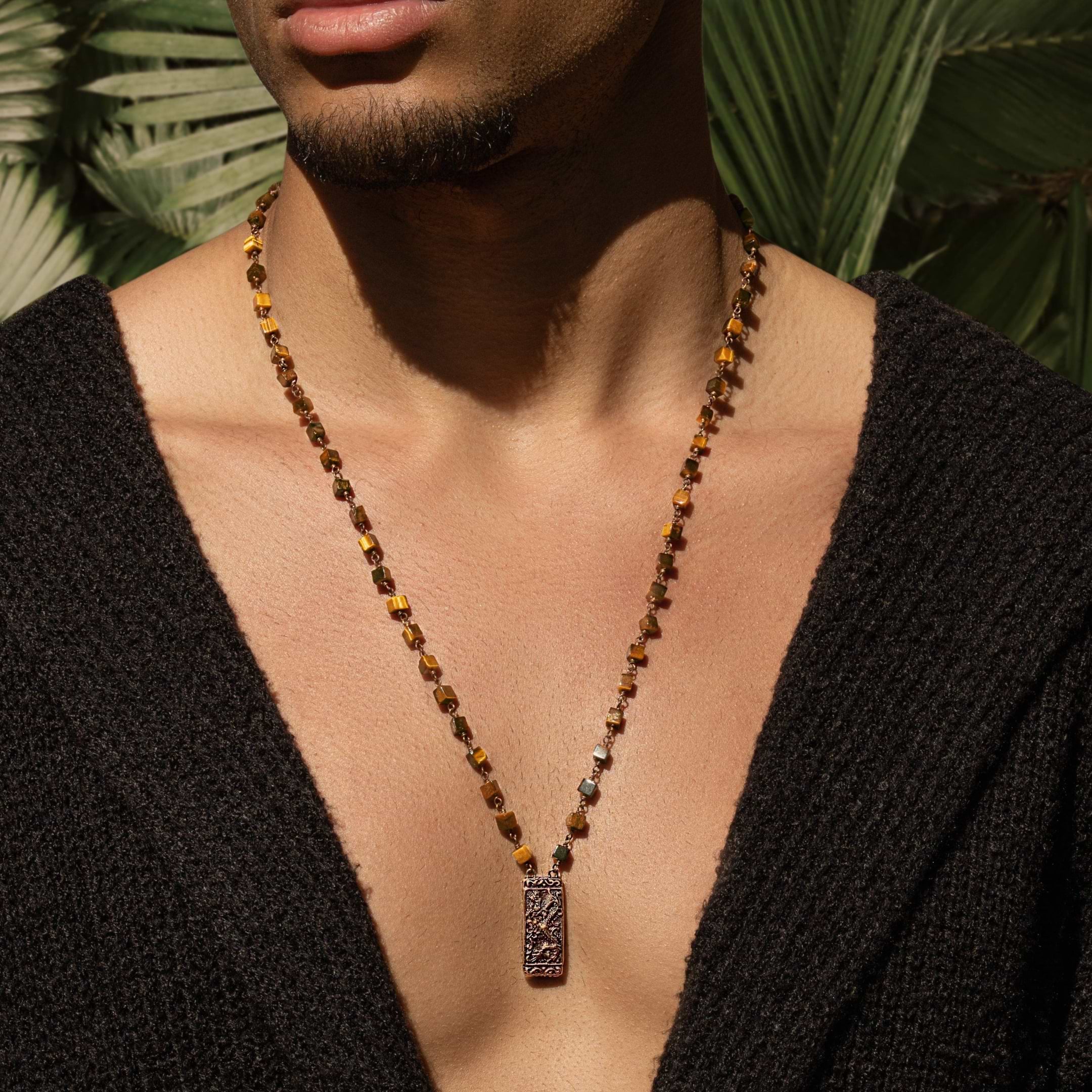 Karma and Luck  Necklaces - Mens  -  Auspicious Fortune - Tiger's Eye Dragon Charm Necklace