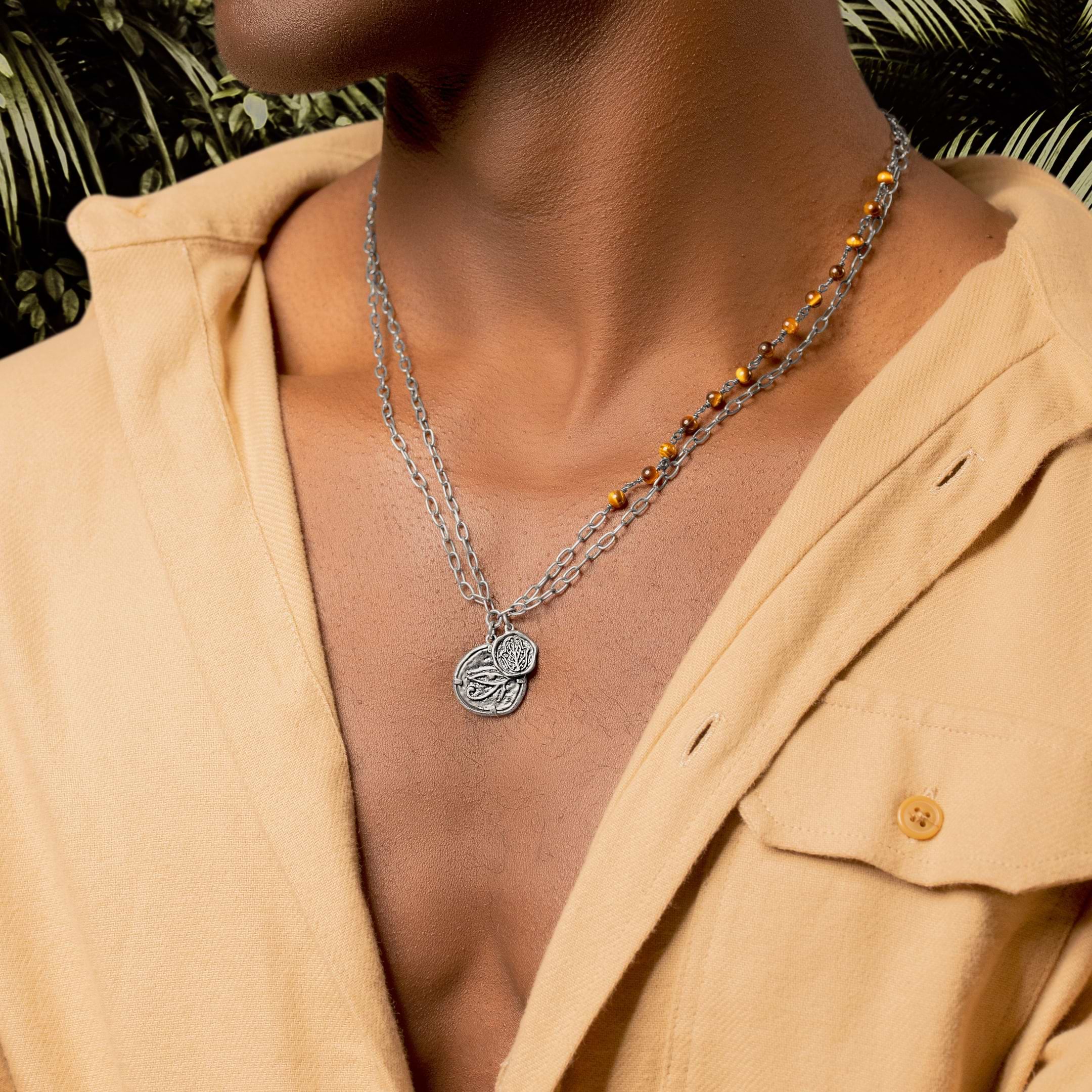 Karma and Luck  Necklaces - Mens  -  Supreme Protection - Tiger's Eye Hamsa Horus Double Medallion Necklace