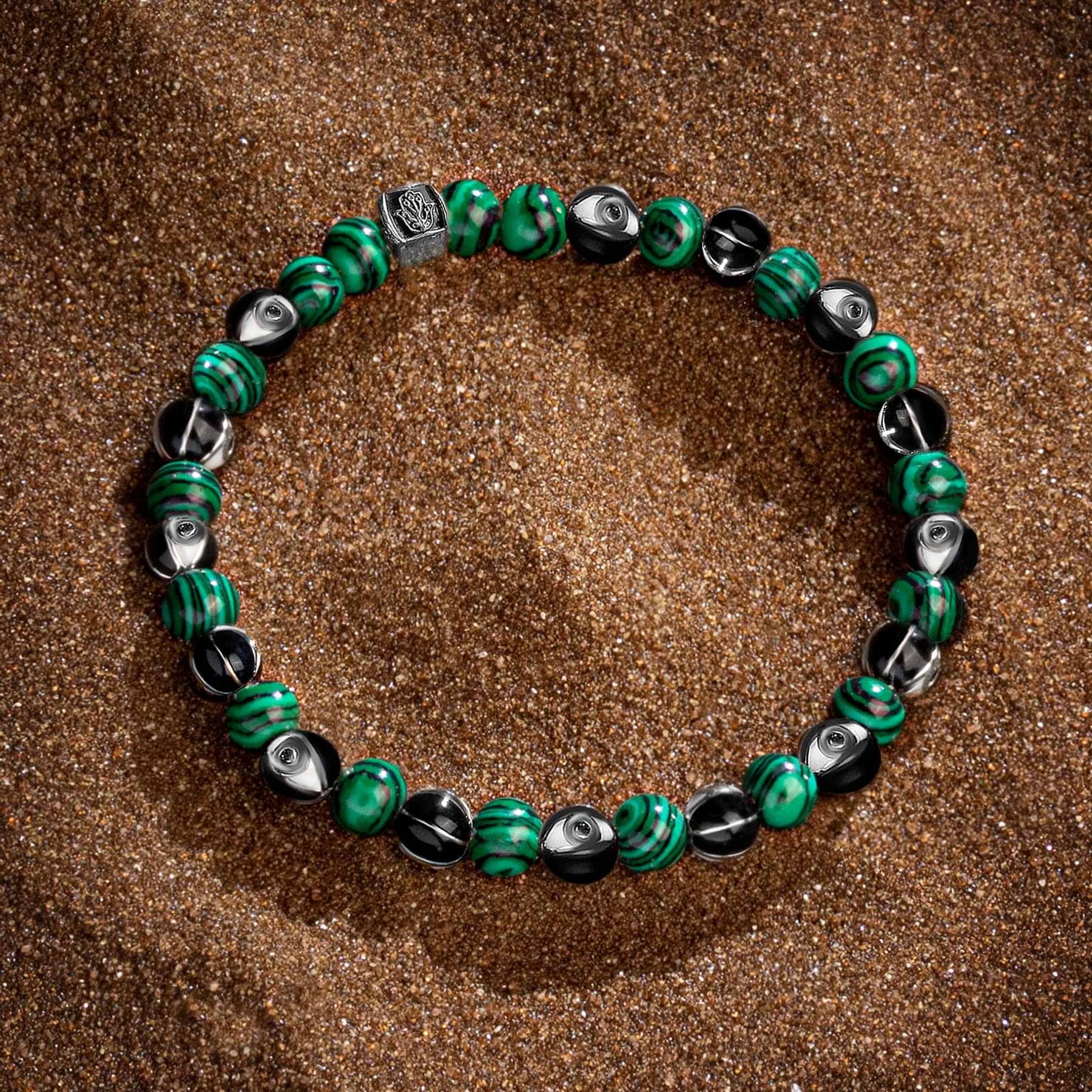 Karma and Luck  Bracelets - Mens  -  Rhodium Plated Brass 6mm Green Enamel & Malachite Evil Eye Bracelet